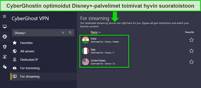 Kuva CyberGhostin optimoiduista palvelimista, jotka mahdollistavat Disney Plussan katselun VPN:n avulla