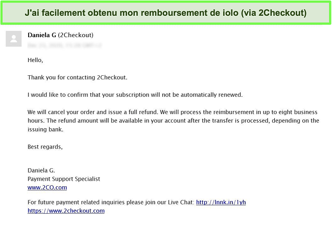 Capture d'écran d'un utilisateur demandant un remboursement pour l'antivirus iolo à l'équipe de support client de 2Checkout par e-mail