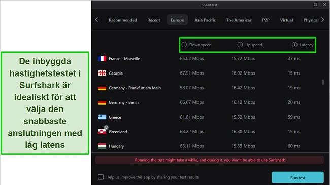 Skärmdump av Surfsharks snabbaste VPN med inbyggd hastighetstest för nedladdnings- och uppladdningshastighet samt latens